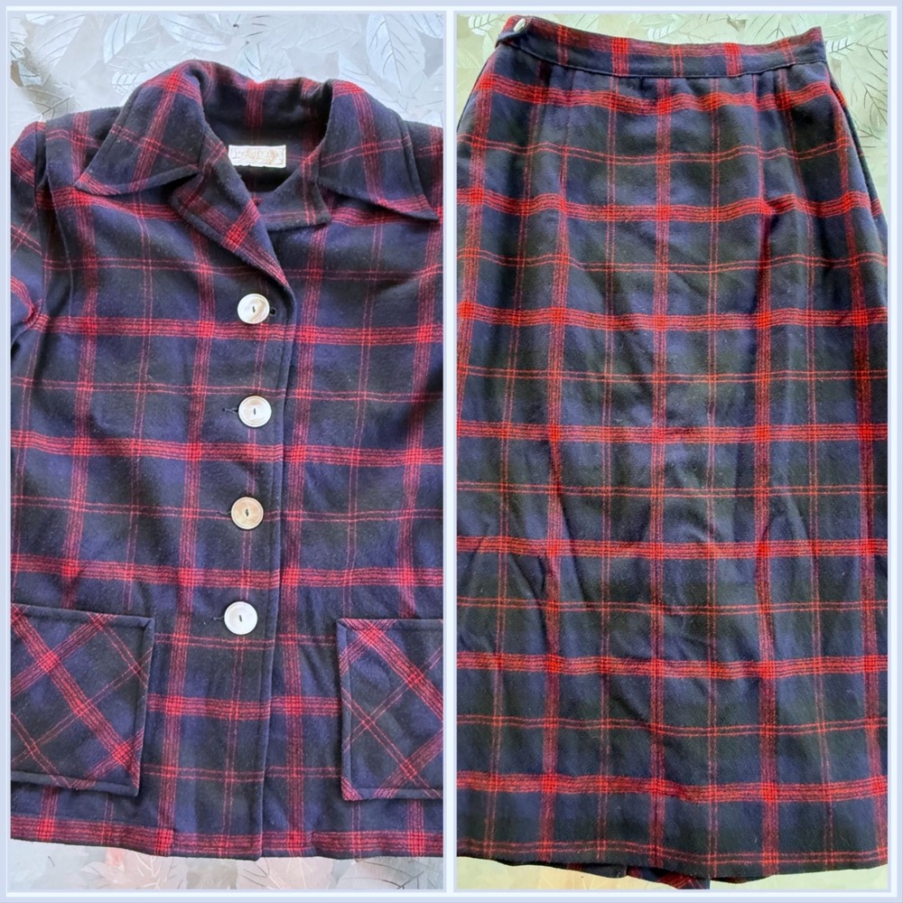 Vintage Pendleton Red Black Plaid Wool Skirt Suit Set Blazer Midi Skirt Petite